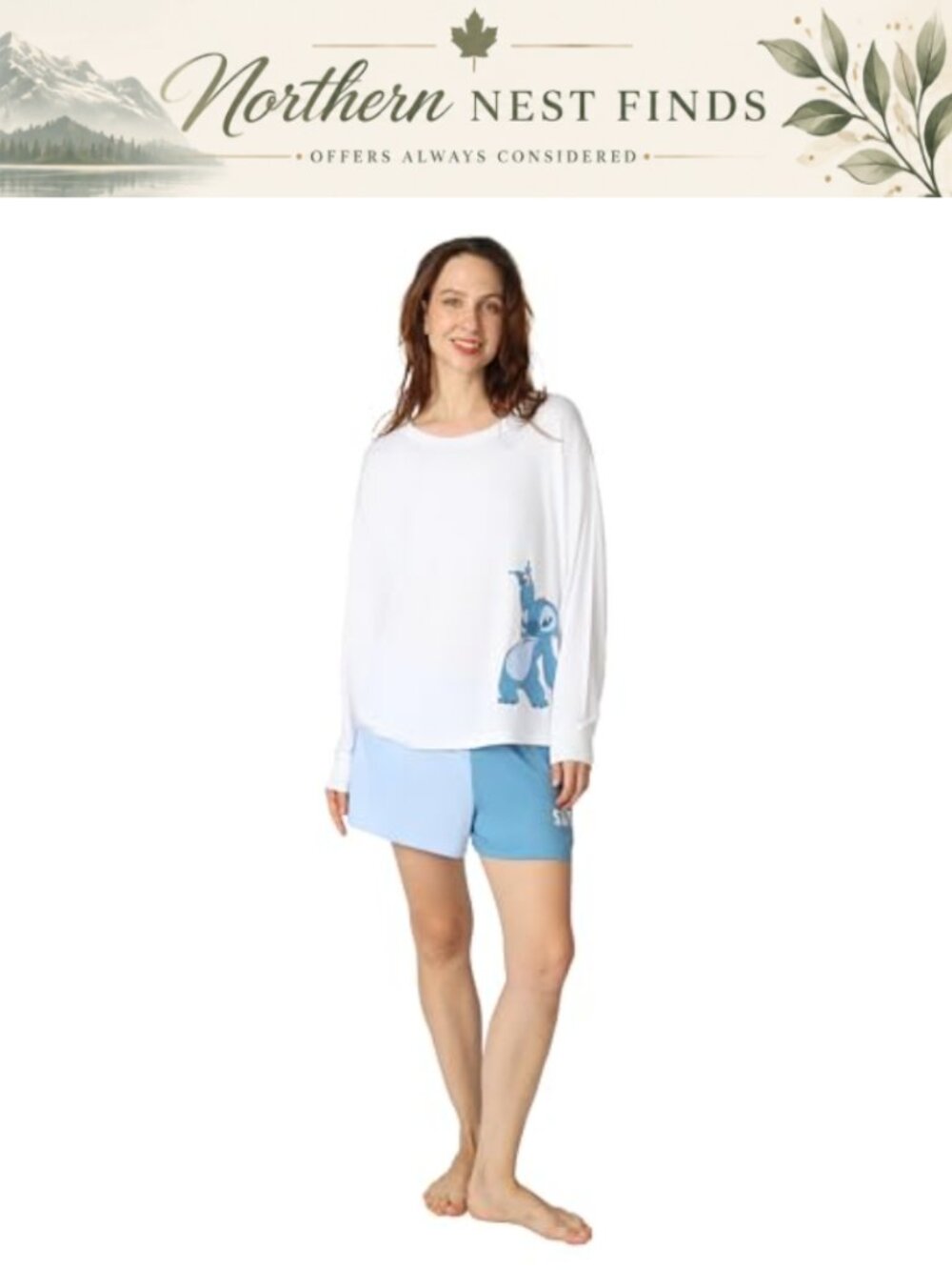 Disney Lilo & Stitch 2-Piece Pajama Set Long Sleeve Top & Shorts Soft Loose Fit